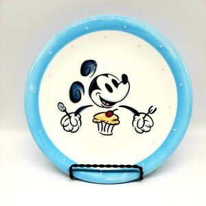 Vintage Disney Mickey Mouse "Cupcake" Blue Rim Pink Dots Dessert Plate